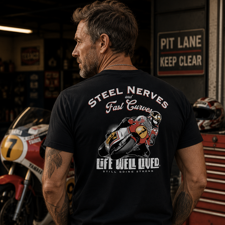 LIFE WELL LIVED Men's Soft Cotton T-Shirt - Steel Nerves Bike - lifestyle image