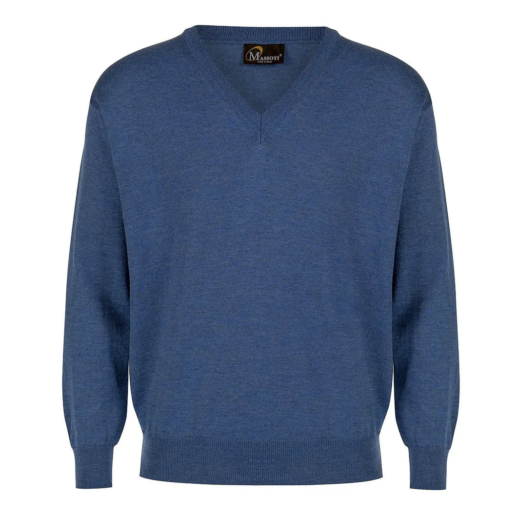 Massoti V-Neck Lightweight Sweater - Denim - 100% Merino Wool
