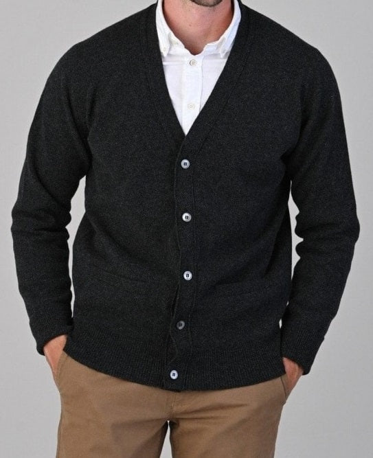50% OFF - WILLIAM LOCKIE Cardigan - Mens Rob 2 Ply Lambswool - Charcoal - Size: 40