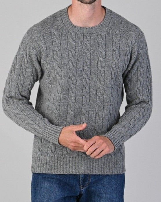 50% OFF - WILLIAM LOCKIE Crew Neck - Mens Chirnside 4 Ply Cashmere Cable Knit - Grey Flannel - Size: 50