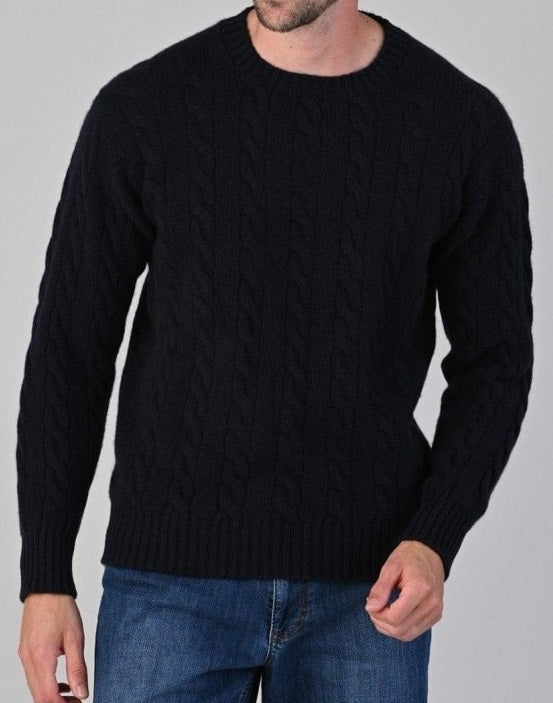 50% OFF - WILLIAM LOCKIE Crew Neck - Mens Chirnside 4 Ply Cashmere Cable Knit - Dark Navy - Size: 44