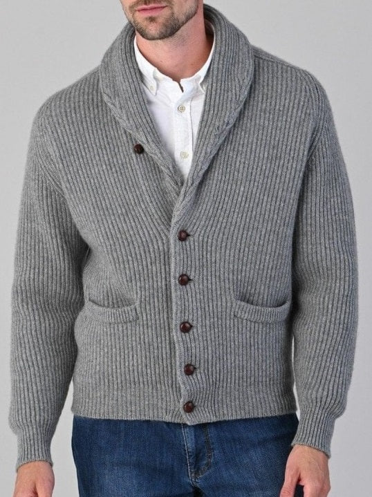 50% OFF - WILLIAM LOCKIE Shawl Cardigan - Mens Windsor 4 Ply Cashmere - Grey Flannel - Size: 44