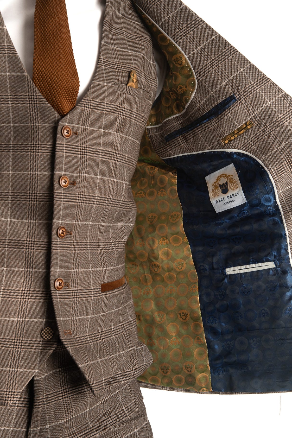 50% OFF - MARC DARCY Men's Ray Single Breasted Waistcoat - Tan Check