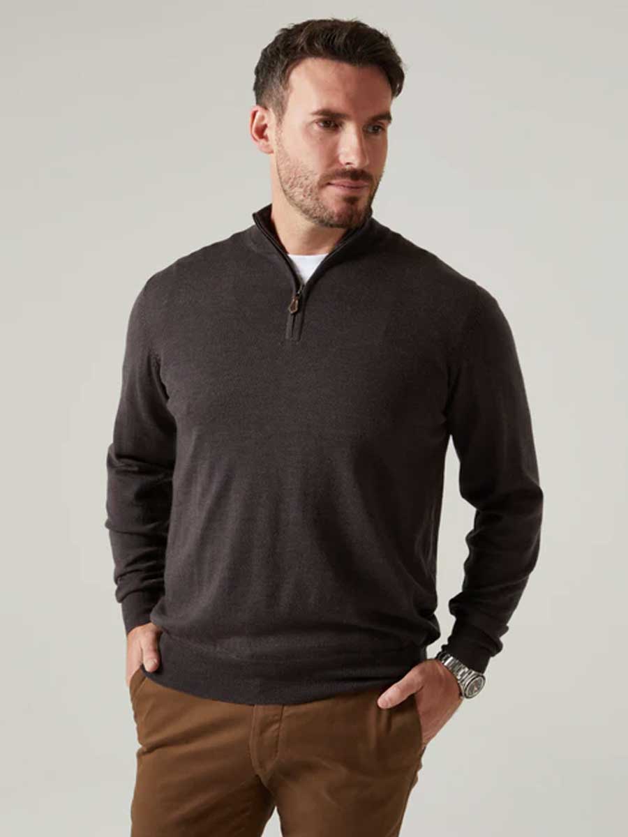 ALAN PAINE Barton 1/4 Zip Merino Wool Sweater - Mens - Dark Brown