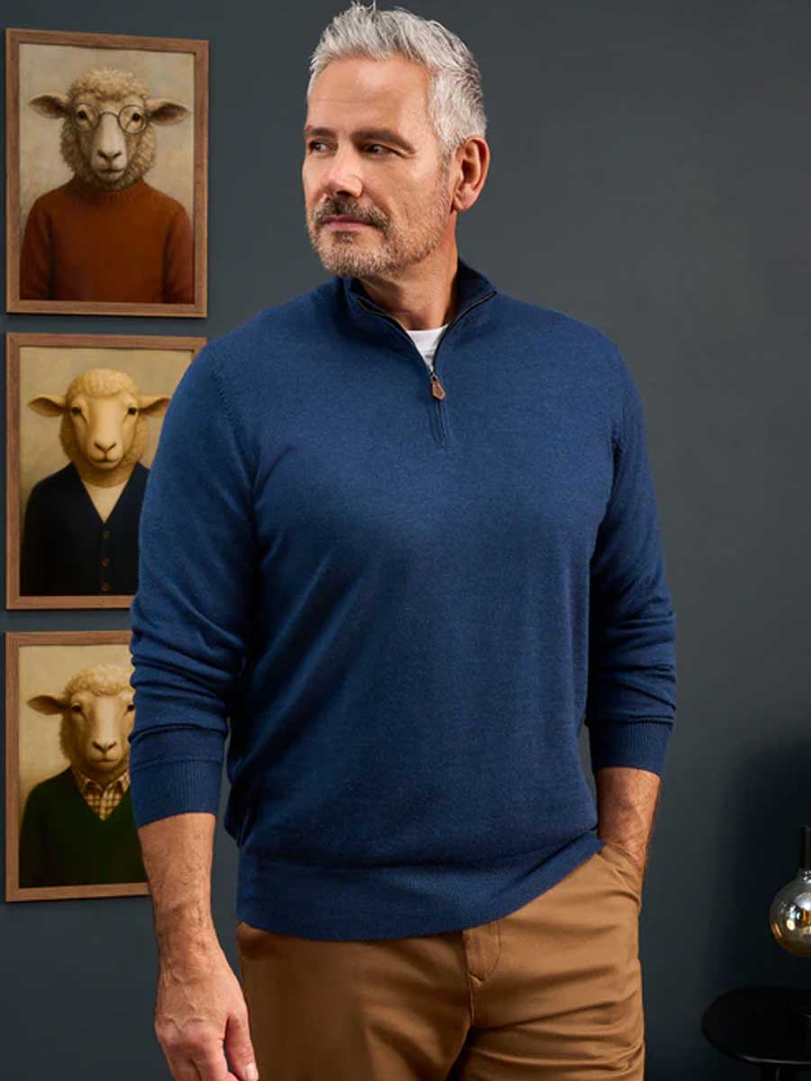 ALAN PAINE Barton 1/4 Zip Merino Wool Sweater - Mens - Indigo