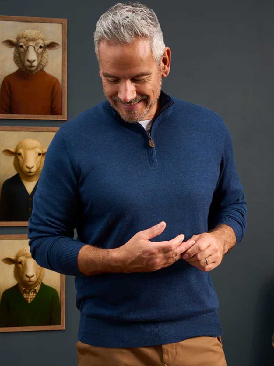 ALAN PAINE Barton 1/4 Zip Merino Wool Sweater - Mens - Indigo