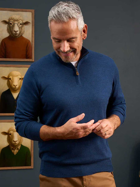 ALAN PAINE Barton 1/4 Zip Merino Wool Sweater - Mens - Indigo