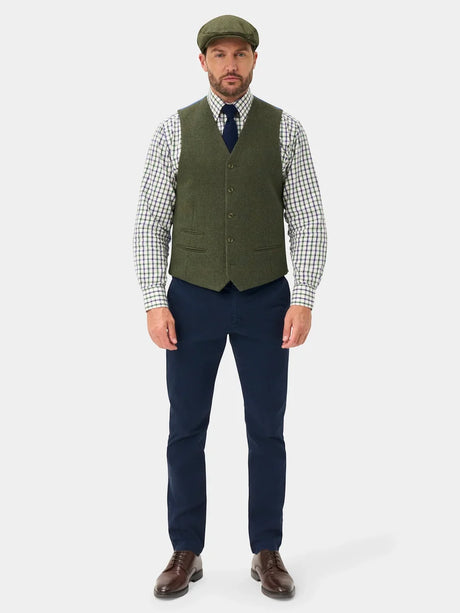 ALAN PAINE Combrook Mens Tweed Lined-Back Waistcoat - Mariner – full length.