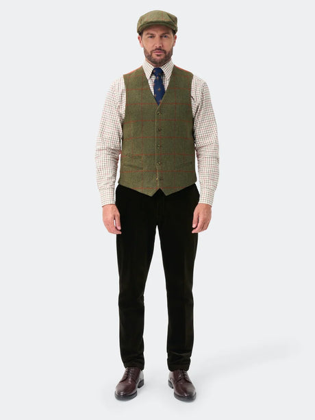 ALAN PAINE Combrook Mens Tweed Lined-Back Waistcoat - Reed – full length.