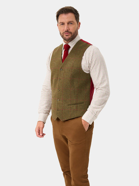 Alan Paine Combrook Mens Tweed Lined-Back Waistcoat - Sage – front view.