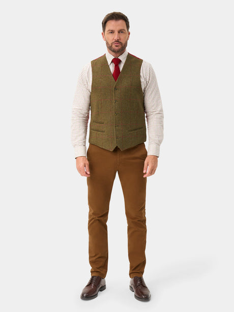 Alan Paine Combrook Mens Tweed Lined-Back Waistcoat - Sage – full length view.