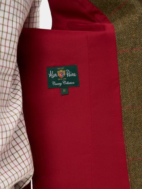 Alan Paine Combrook Mens Tweed Lined-Back Waistcoat - Sage – lining detail view.