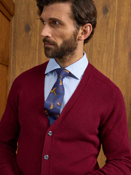 ALAN PAINE Cornwall Lambswool V-Neck Classic Fit Cardigan - Mens - Bordeaux