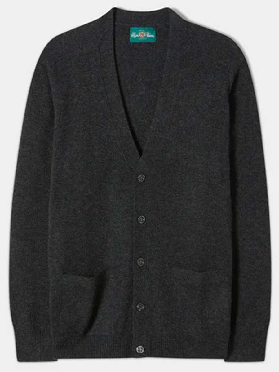 ALAN PAINE Cornwall Lambswool V-Neck Classic Fit Cardigan - Mens - Charcoal