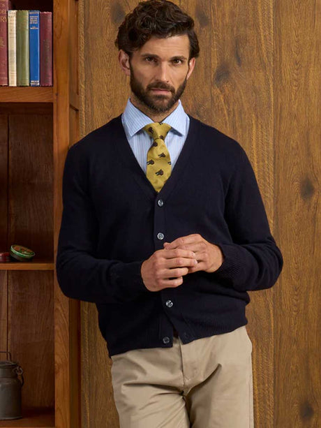ALAN PAINE Cornwall Lambswool V-Neck Classic Fit Cardigan - Mens - Navy