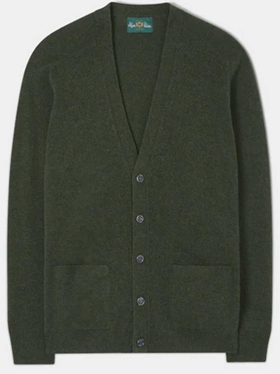 ALAN PAINE Cornwall Lambswool V-Neck Classic Fit Cardigan - Mens - Rosemary