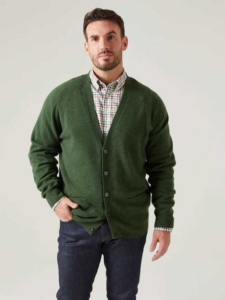ALAN PAINE Cornwall Lambswool V-Neck Classic Fit Cardigan - Mens - Rosemary