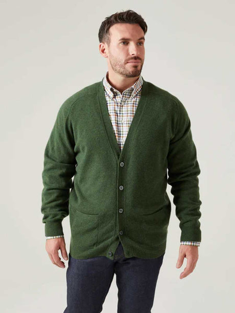 ALAN PAINE Cornwall Lambswool V-Neck Classic Fit Cardigan - Mens - Rosemary