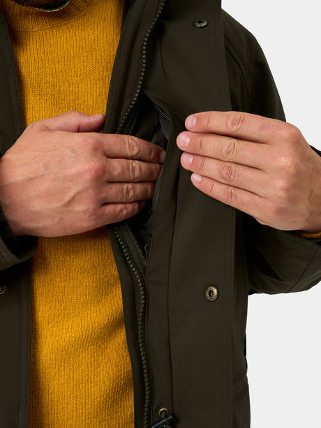 Alan Paine Dunswell Mens Waterproof Field Coat - Olive – collar detail view.