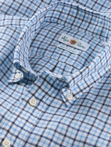 ALAN PAINE Fleetwood Mens Check Linen Shirt - Blue – fabric and label detail.