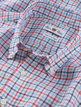 ALAN PAINE Fleetwood Mens Check Linen Shirt - Blue & Orange – fabric and label detail.