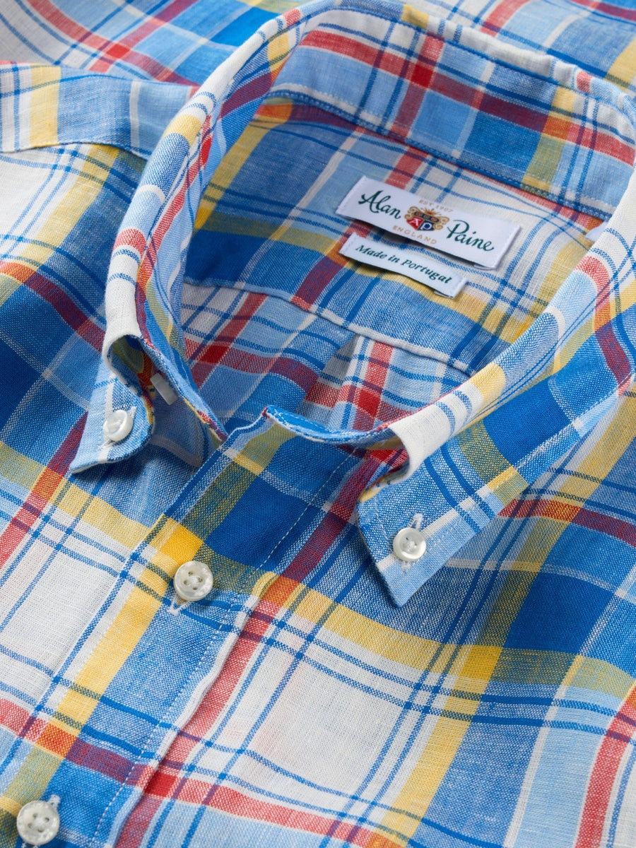 ALAN PAINE Fleetwood Mens Check Linen Shirt - Blue & Yellow – fabric and label detail.