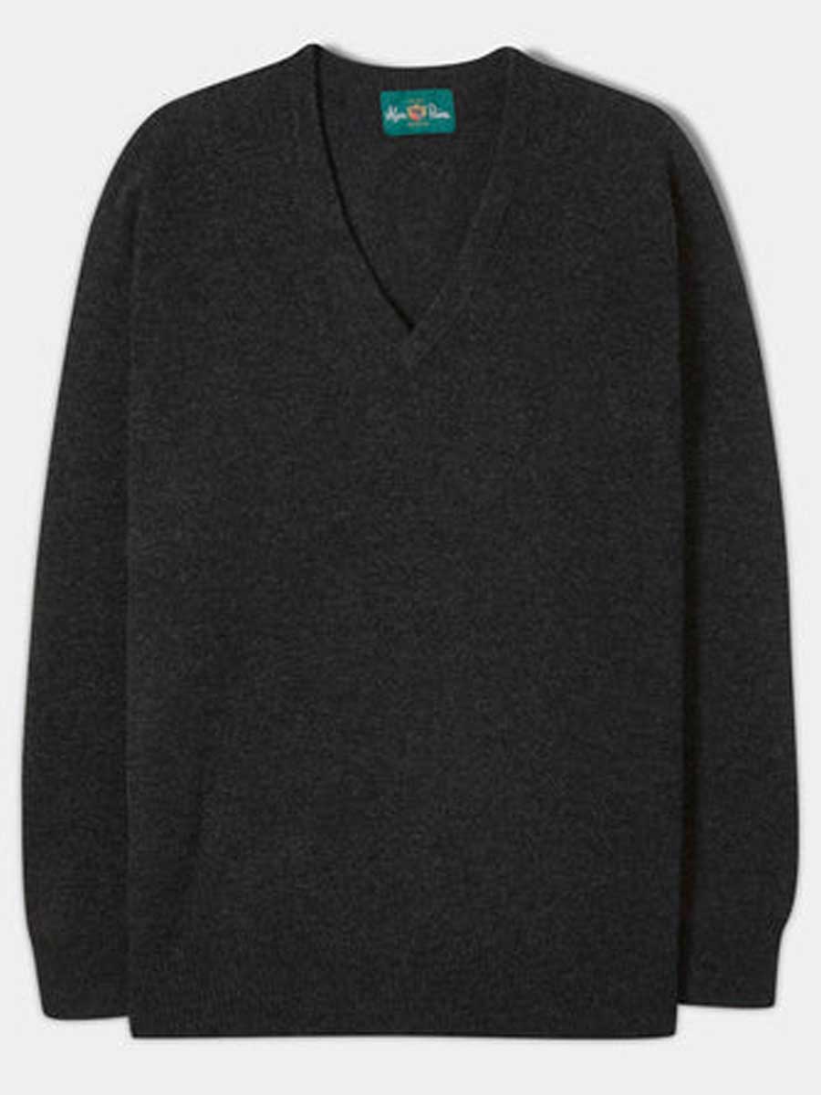 ALAN PAINE Hampshire V Neck Lambswool Classic Fit Jumper - Mens - Charcoal