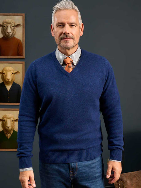 ALAN PAINE Hampshire V Neck Lambswool Classic Fit Jumper - Mens - Indigo