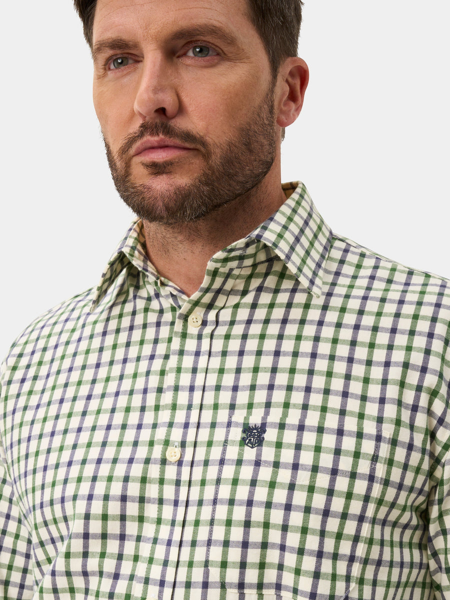 ALAN PAINE Ilkley Mens Country Check Shooting Shirt - Blue & Green – collar detail.