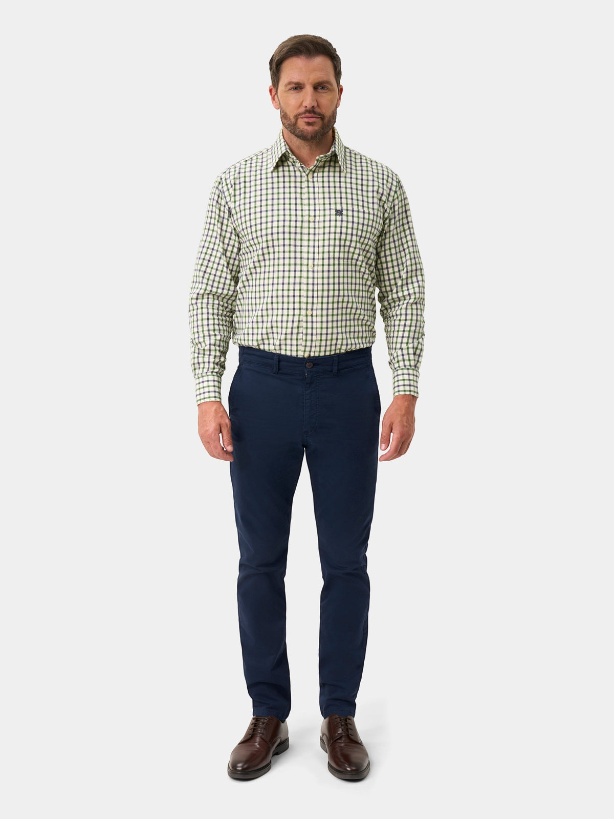 Alan Paine Ilkley Mens Country Check Shooting Shirt - Blue & Green – full-length view on model.