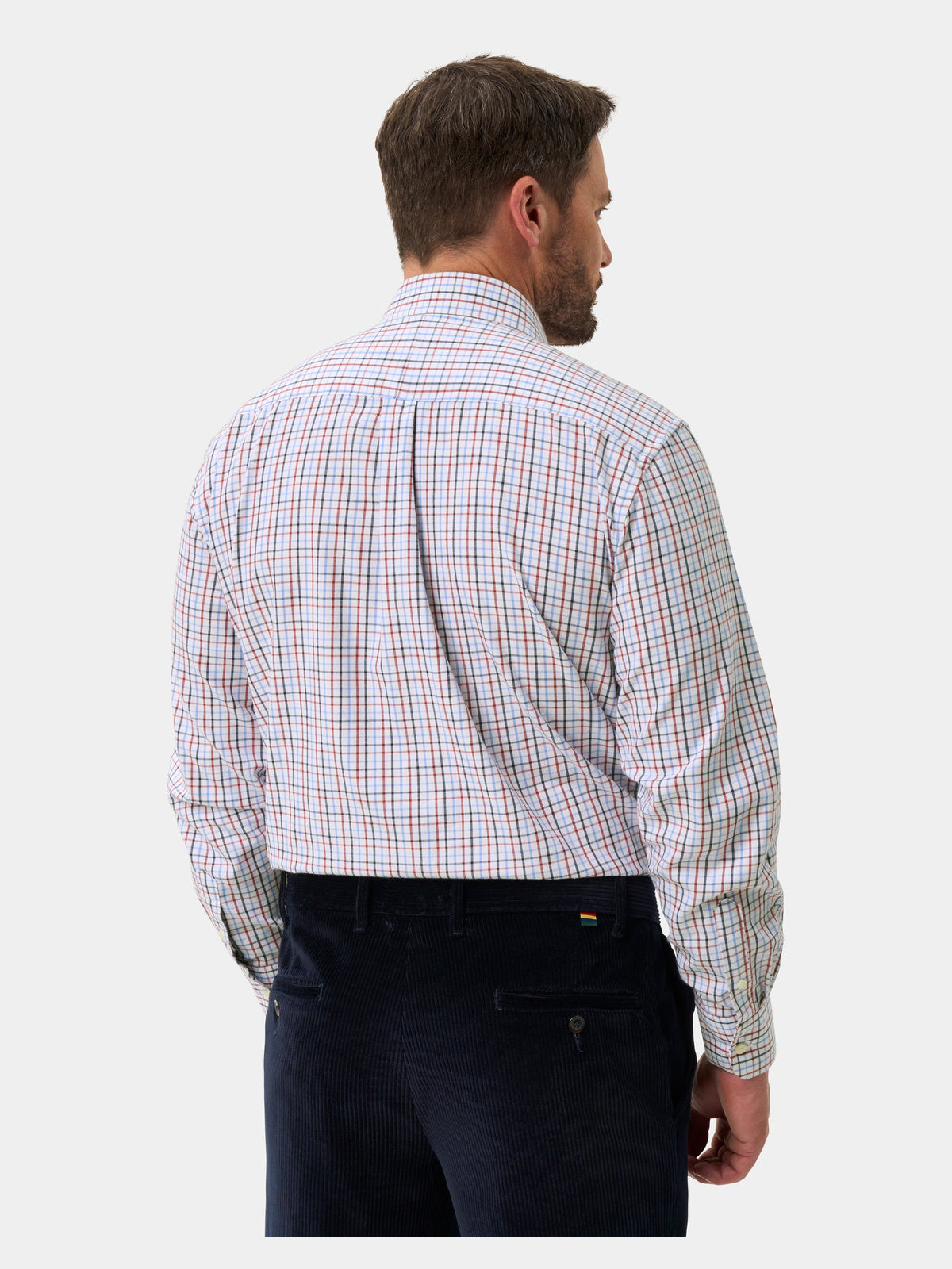 Alan Paine Ilkley Mens Country Check Shooting Shirt - Blue & Red – back view on model.