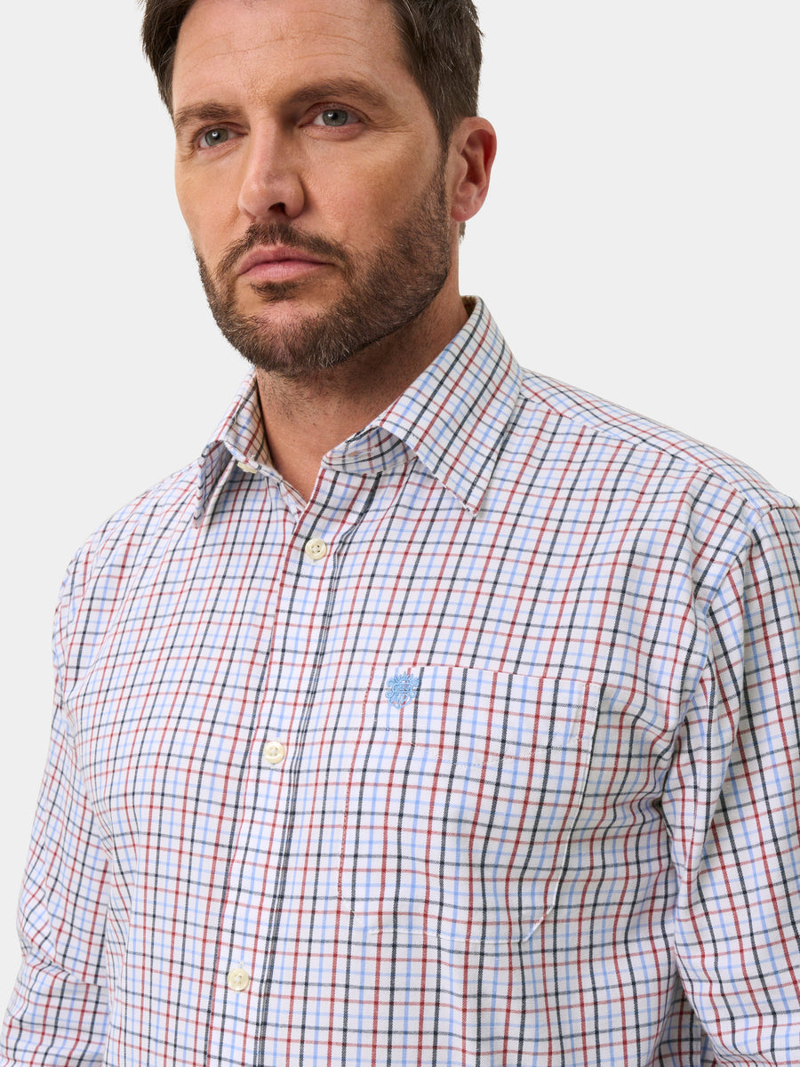ALAN PAINE Ilkley Mens Country Check Shooting Shirt - Blue & Red – collar detail.