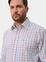 ALAN PAINE Ilkley Mens Country Check Shooting Shirt - Blue & Red – collar detail.