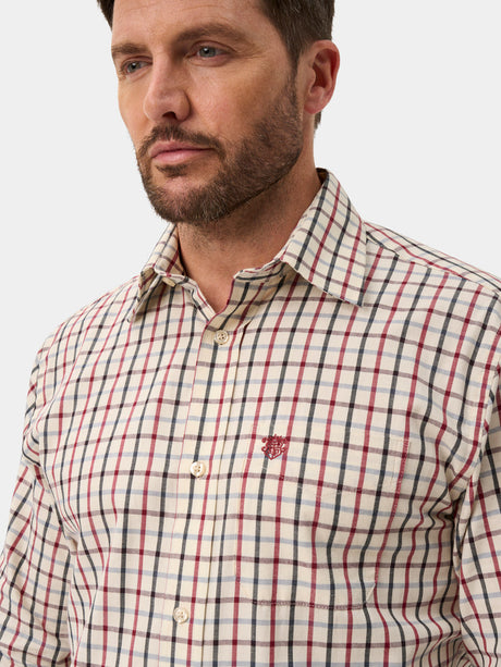 Alan Paine Ilkley Mens Country Check Shooting Shirt - Country Red – collar detail view.