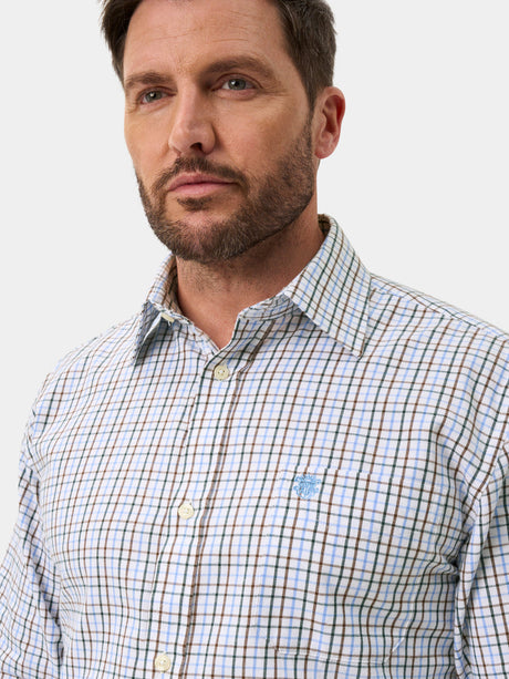 ALAN PAINE Ilkley Mens Country Check Shooting Shirt - Green & Brown – collar detail.