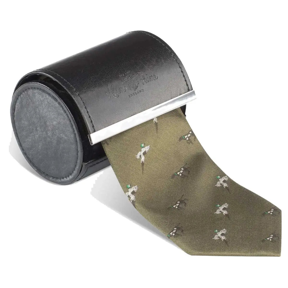 ALAN PAINE Ripon Silk Tie - Bird & Dog Design - Olive