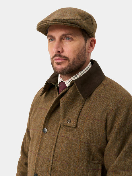 ALAN PAINE Rutland Mens Tweed Waterproof Shooting Coat - Birch – collar detail.