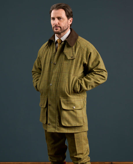 Alan Paine Rutland Mens Waterproof Shooting Coat - Lichen – studio front view.
