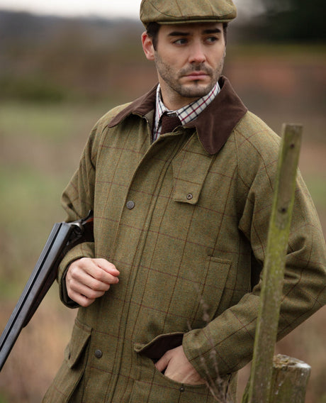 Alan Paine Rutland Mens Waterproof Shooting Coat - Lichen – model portrait view.