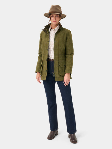 Alan Paine Rutland Shooting Coat - Ladies Tweed Waterproof - Lichen – full length view.