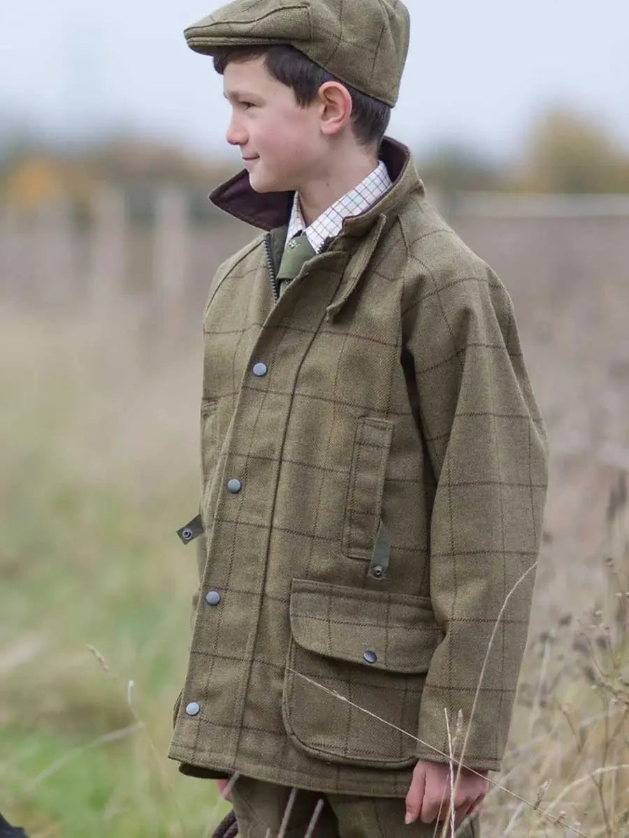 ALAN PAINE Rutland Shooting Coat - Kids Waterproof Tweed - Lichen