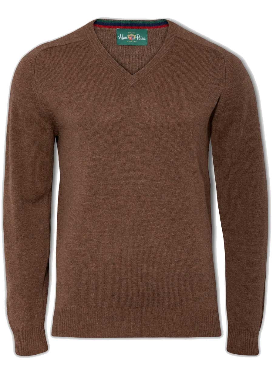 ALAN PAINE Streetly Men's V Neck Lambswool Jumper - Tobacco