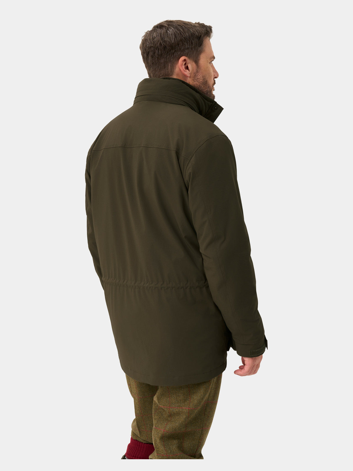 Alan Paine Willsden Mens Waterproof Coat - Olive – three-quarter back view on model.