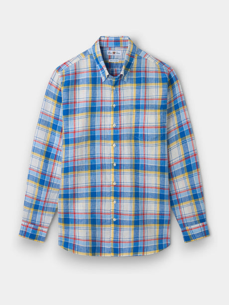 ALAN PAINE Fleetwood Mens Check Linen Shirt - Blue & Yellow