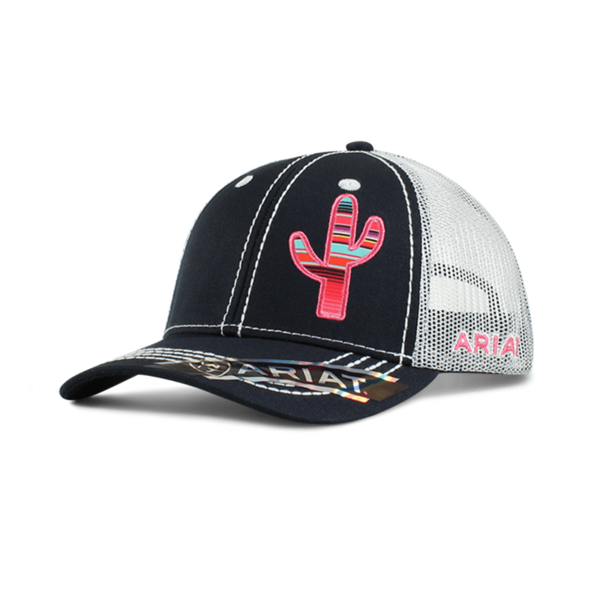 Ariat women’s Multi cactus cap with black front and light mesh back, front three-quarter view