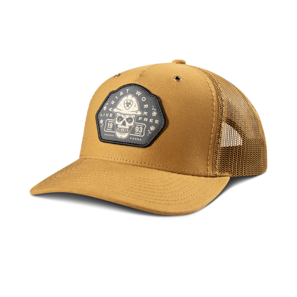 Ariat men’s Brown Roughneck snapback with Ariat Work patch and mesh back, front three-quarter view