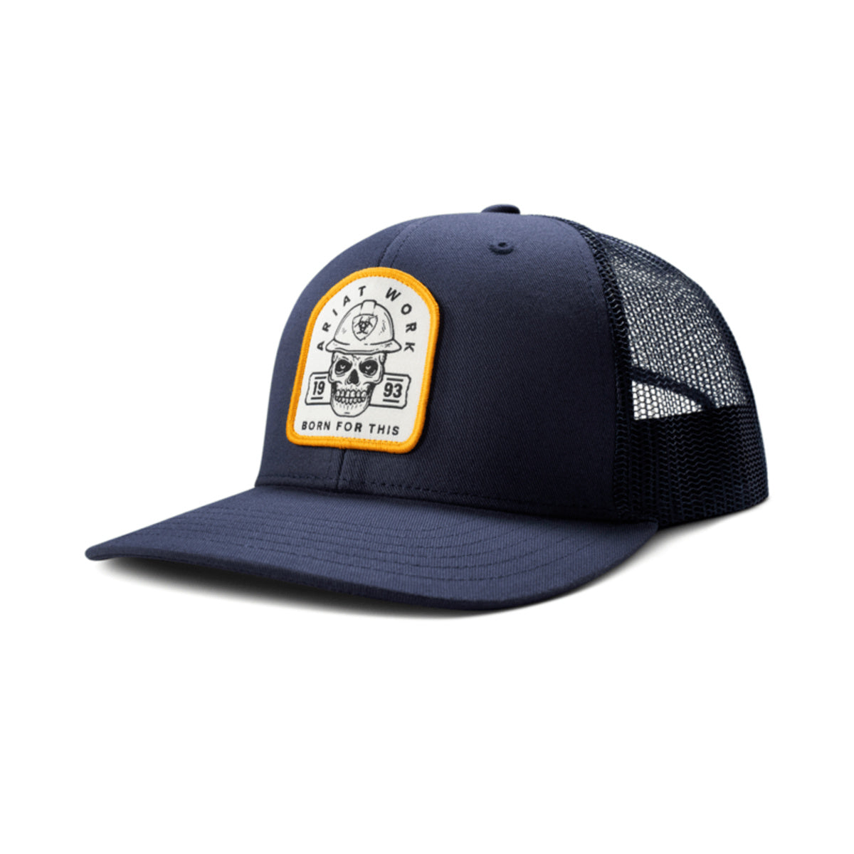 Ariat men’s Navy Roughneck snapback with Ariat Work patch and mesh back, front three-quarter view