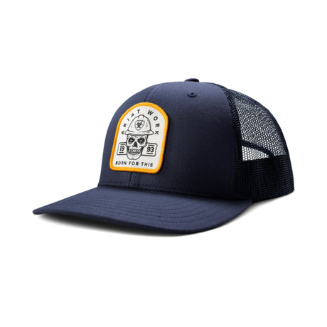 Ariat men’s Navy Roughneck snapback with Ariat Work patch and mesh back, front three-quarter view