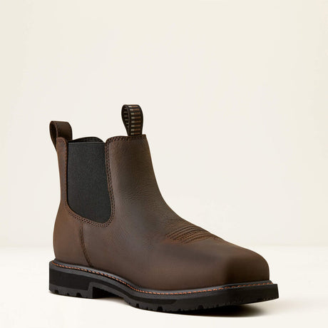 ARIAT GroundRancher Chelsea Work Boots - Mens Square Steel Toe Cap - Dark Brown