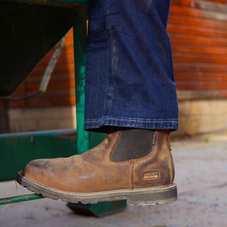 ARIAT GroundRancher Chelsea Work Boots -  Mens Square Steel Toe Cap - Dark Brown